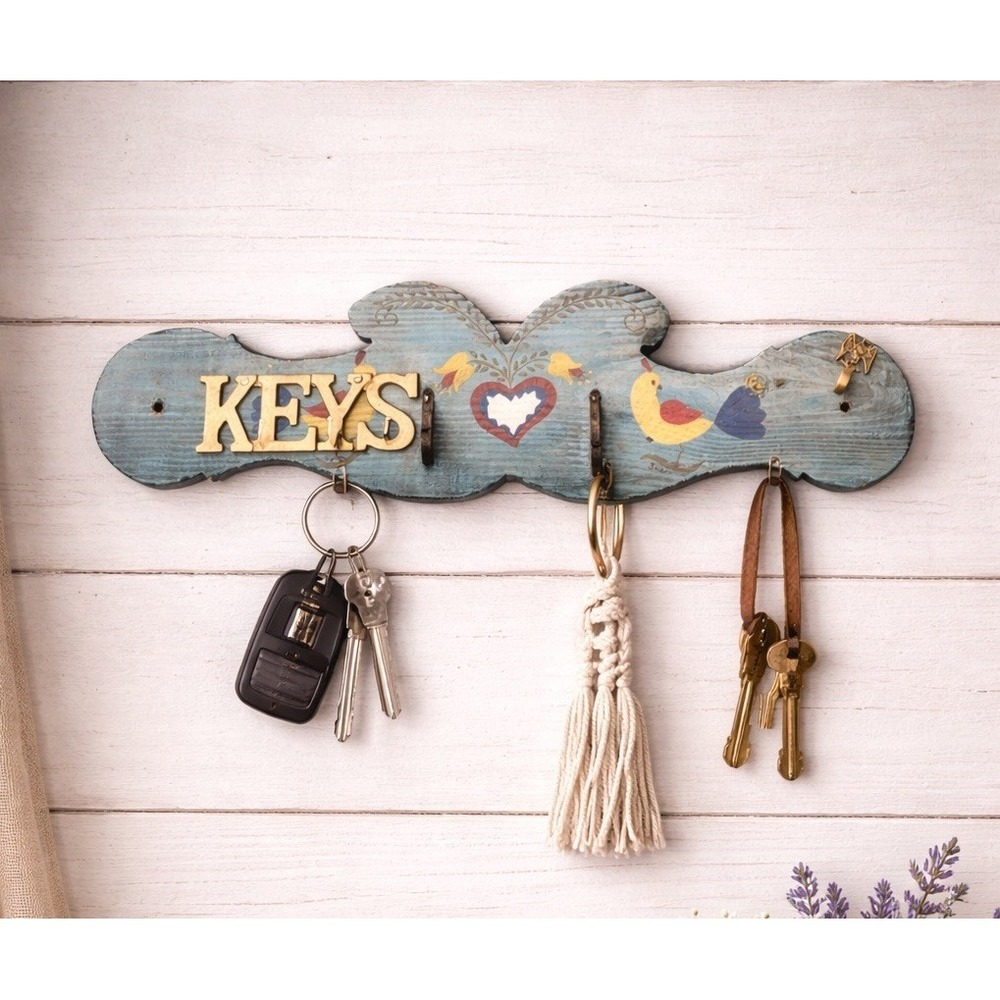 Vintage 90's Cottage Granny Core Wooden Hand Painted Heart Key Holder Hooks 19"